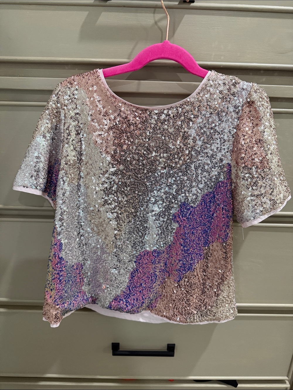 H&M Iridescent Sequin Short Sleeve Top in Silver and Pink